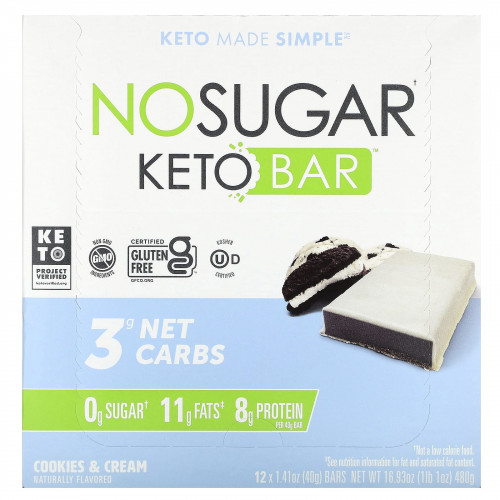 The No Sugar Company, Keto Bar, печенье и крем, 12 батончиков по 40 г (1,41 унции)