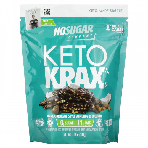 The No Sugar Company, Keto Krax, темный шоколад с миндалем и кокосом, 200 г (7,05 унции)
