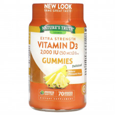 Nature's Truth, Extra Strength, витамин D3, натуральный ананас, 50 мкг (2000 МЕ), 70 вегетарианских жевательных таблеток