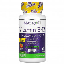 Natrol, Витамин B12, быстрорастворимый, максимальная эффективность, клубника, 5000 мкг, 100 таблеток