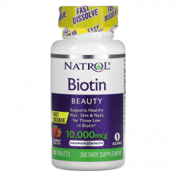 Natrol, быстрорастворимый биотин, максимальная эффективность, клубника, 10 000 мкг, 60 таблеток