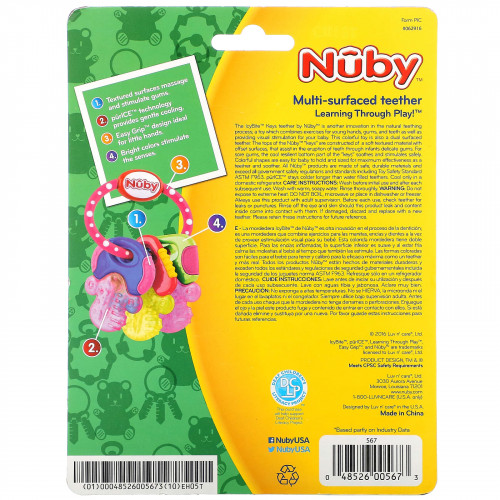 Nuby, Успокаивающий прорезыватель для зубов, ключи от IcyBite, для детей от 3 месяцев, розовый, 1 прорезыватель для зубов