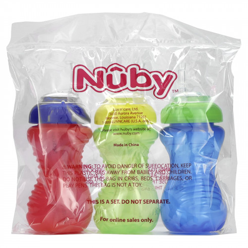 Nuby, Clik-it FlexStraw Cup, для детей от 12 месяцев, для мальчиков, 3 шт. В упаковке, 300 мл (10 унций)