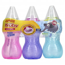 Nuby, Clik-it FlexStraw Cup, для детей от 12 месяцев, для девочек, 3 упаковки по 300 мл (10 унций)