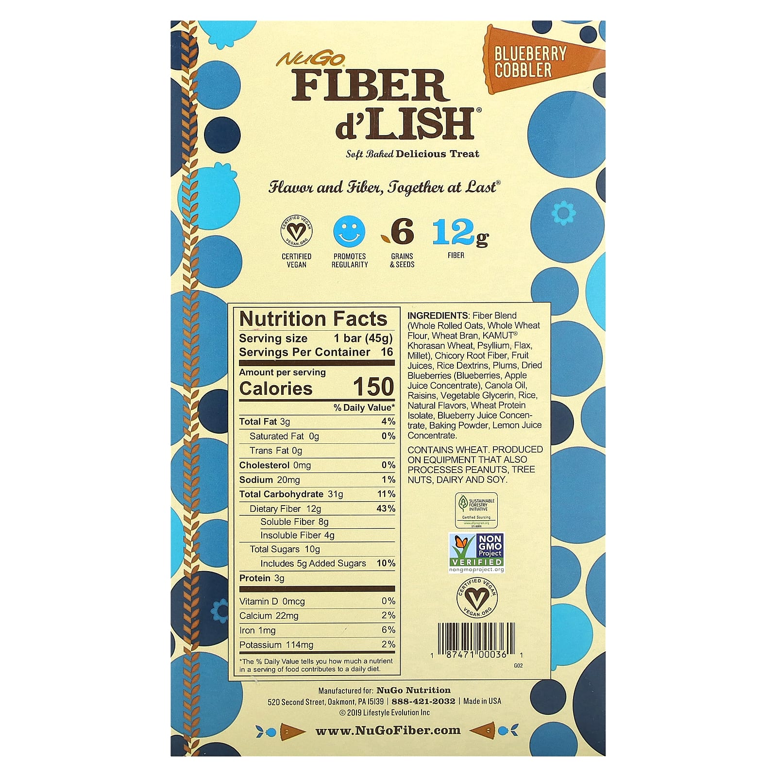 NuGo Nutrition, Fiber d'Lish, черничный коблер, 16 батончиков по 45 г (1,6 унции)