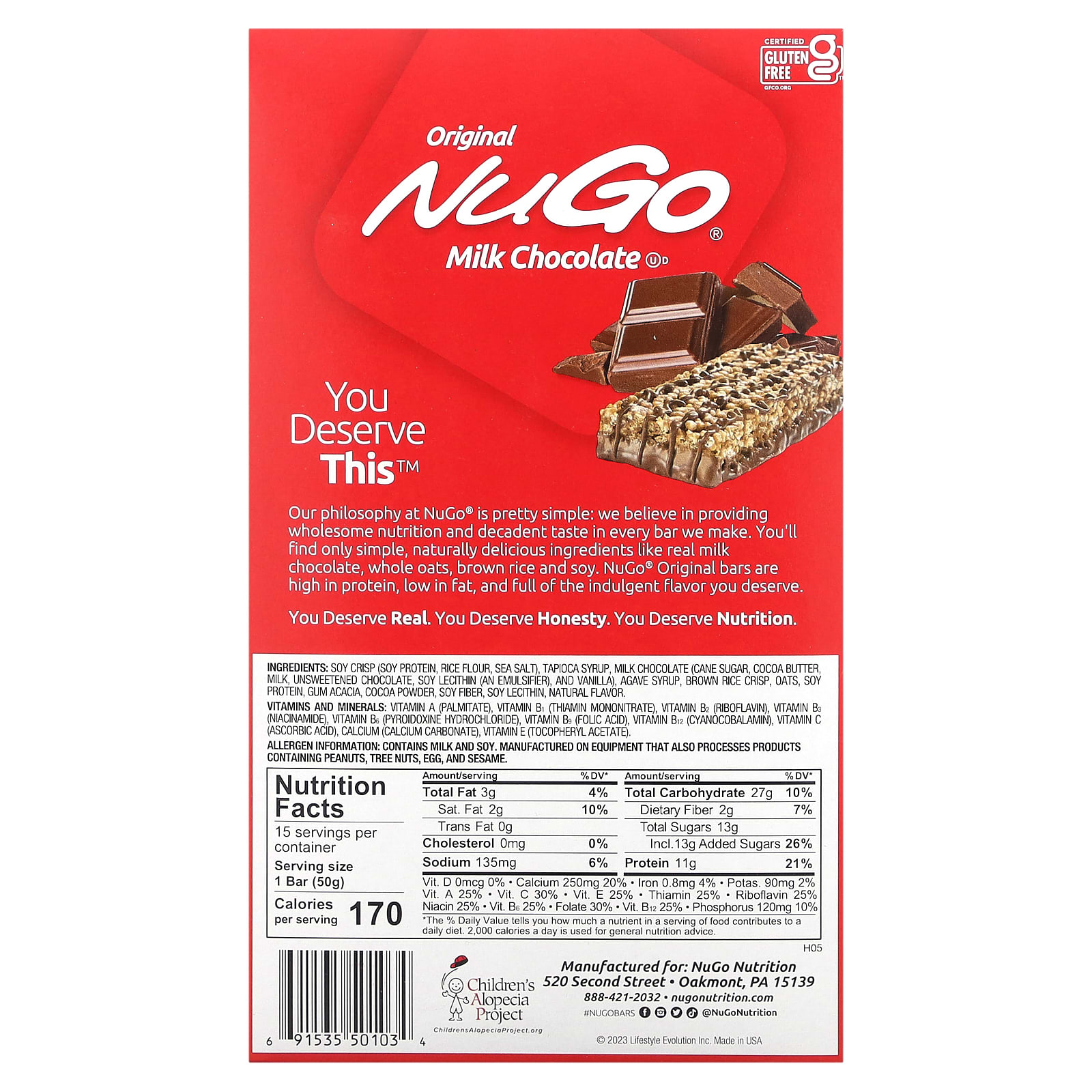 NuGo Nutrition, Original Bar, молочный шоколад, 15 батончиков, 50 г (1,76 унции)