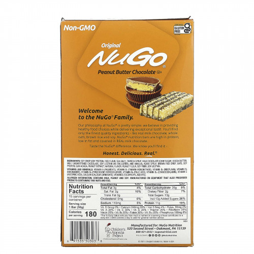 NuGo Nutrition, Оригинальные шоколадные батончики с арахисовой пастой, 15 батончиков, 50 г (1,76 унции)
