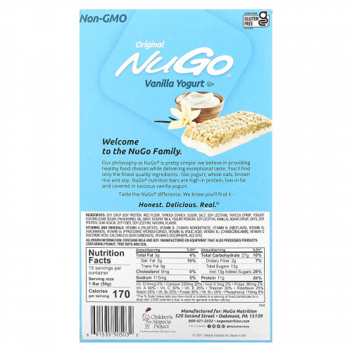 NuGo Nutrition, Original Bar, ванильный йогурт, 15 батончиков, 50 г (1,76 унции)