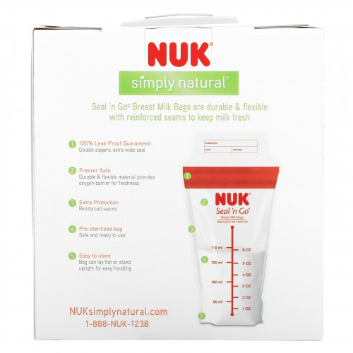 NUK, Seal 'n Go, пакетики для грудного молока, 100 стерильных пакетиков для хранения, 180 мл ( 6 унций)