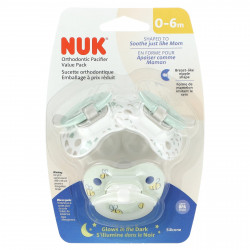 NUK, Ортодонтическая пустышка Glow in the Dark, для 0–6 месяцев, зеленая, 3 шт. В упаковке