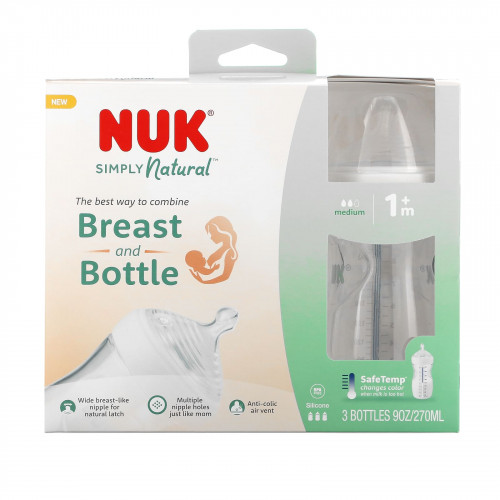 NUK, Simply Natural, белые в бутылках, для детей от 1 месяца, средние, 3 упаковки, по 270 мл (9 унций)