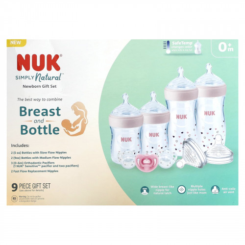 NUK, Simply Natural Bottle with SafeTemp, подарочный набор для новорожденных, от 0 месяцев, 9 шт.