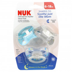 NUK, Ортодонтическая соска Glow in the Dark, для детей 6–18 месяцев, со вкусом молнии и звездочки, набор из 3 продуктов