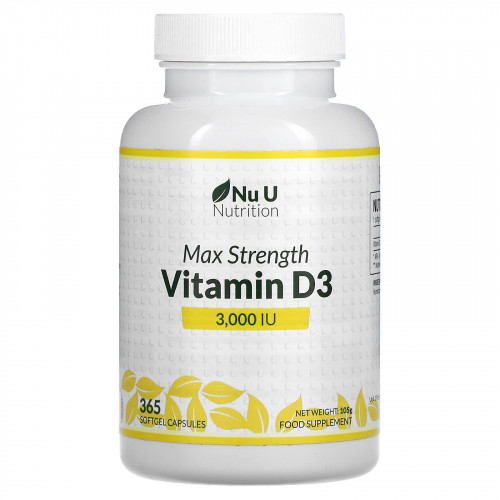 Nu U Nutrition, Витамин D3 максимальной силы действия, 3000 МЕ, 365 мягких капсул