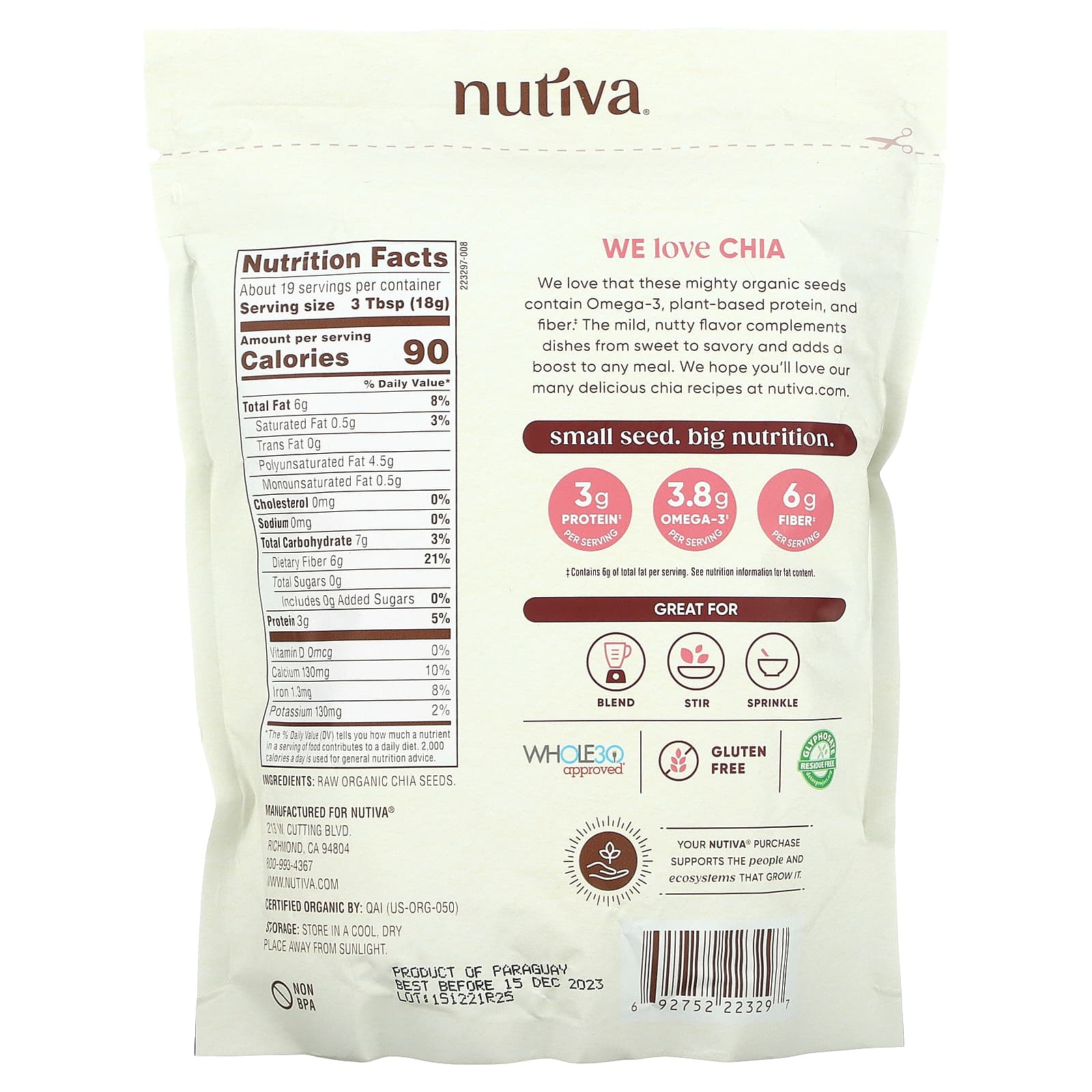 Nutiva, Органические молотые семена чиа, 340 г