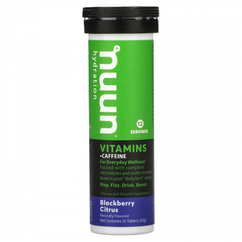 Nuun, Hydration, витамины и кофеин, шипучая витаминная добавка, ежевика и цитрус, 12 таблеток