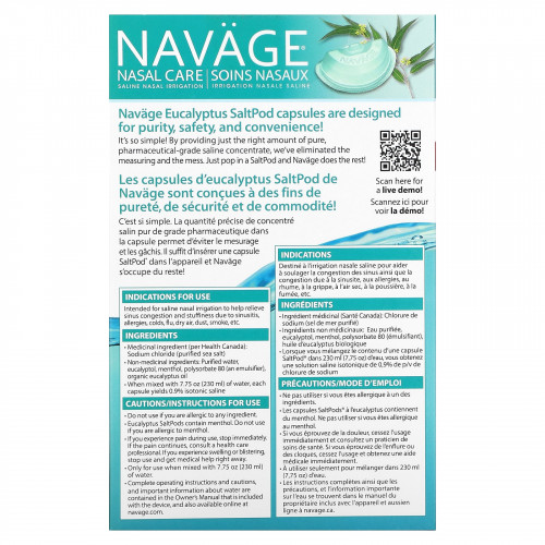 Navage, Nasal Care, солевой раствор для промывания носа, SaltPod и эвкалипт, 30 капсул с солевым концентратом