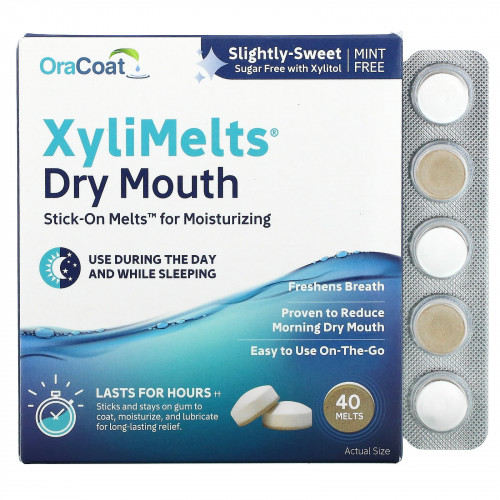 OraCoat, XyliMelts для сухости во рту, слегка сладкий, без мяты, 40 плавок