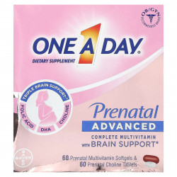 One-A-Day, Prenatal Advanced, полноценный мультивитаминный комплекс для поддержки мозга, 60 пренатальных мультивитаминных мягких таблеток и 60 пренатальных таблеток с холином