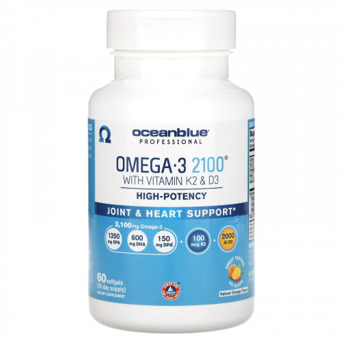 OceanBlue, Professional, омега-3 2100, витамины K2 и D3, высокоэффективный, натуральный апельсин, 60 мягких таблеток