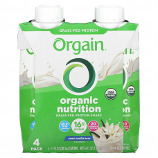 Orgain, Organic Nutrition, протеиновый коктейль из молока коров травяного откорма, со вкусом сладкой ванили, 4 пакетика по 330 мл (11 жидк. унций)