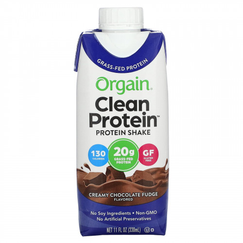 Orgain, Clean Protein Shake, сливочная шоколадная помадка, 4 пакетика, по 330 мл (11 жидк. Унций)