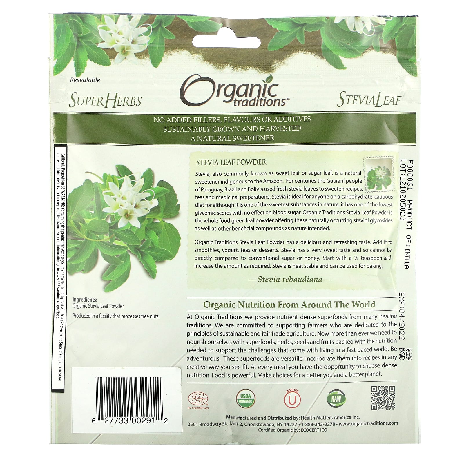 Organic Traditions, Порошок листьев стевии, 3,5 унции (100 г)