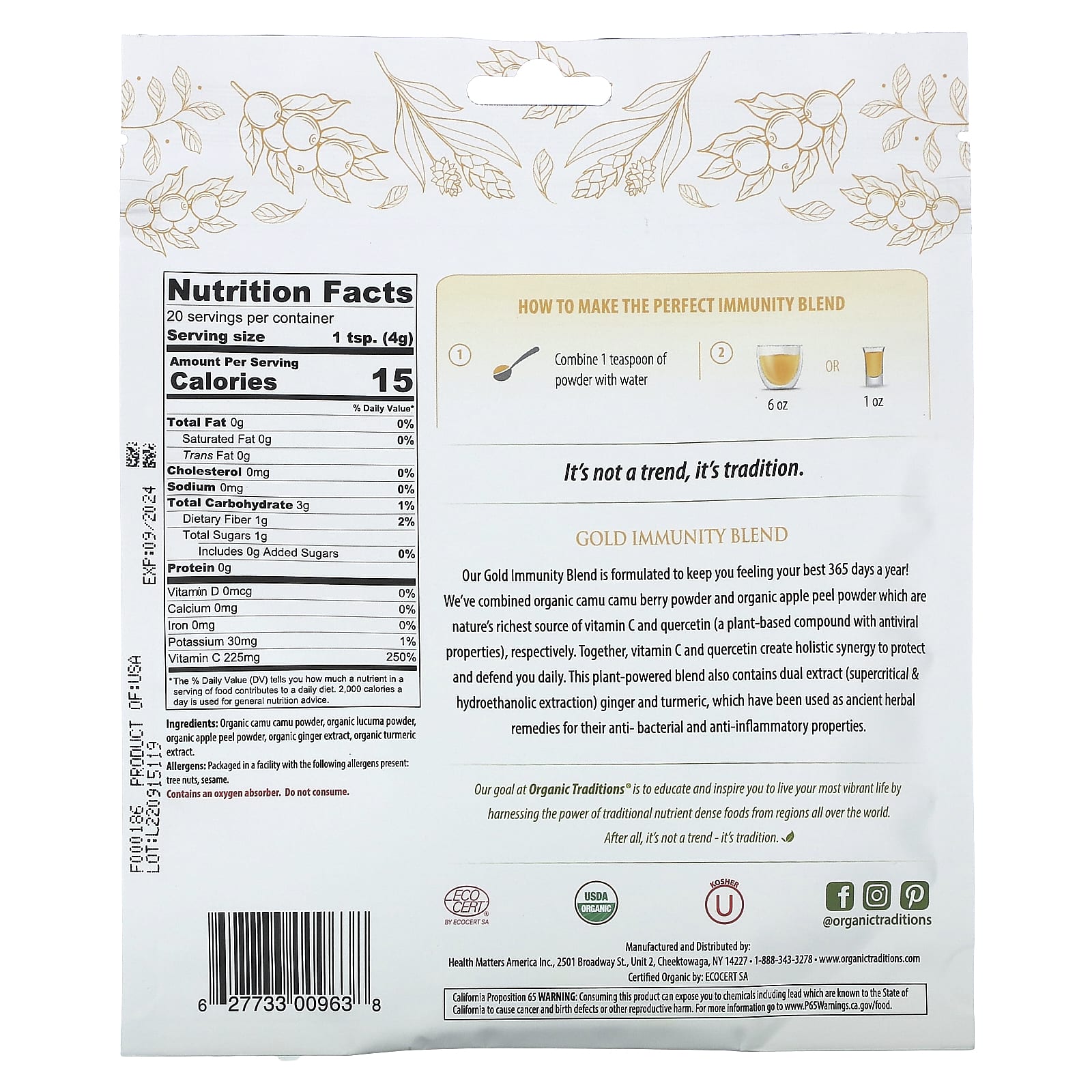 Organic Traditions, Gold Immunity Blend, мгновенное действие, 80 г (2,8 унции)