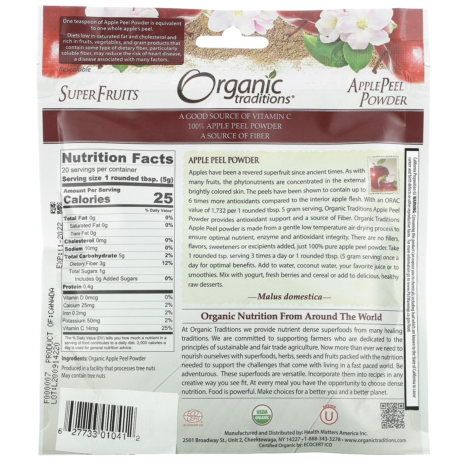 Organic Traditions, Порошок из яблочной цедры, 100 г (3,5 унции)