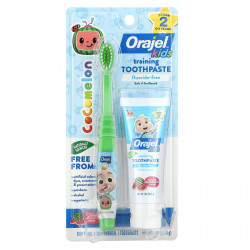 Orajel, Kids, Cocomelon Training, зубная паста с зубной щеткой, без фтора, для детей от 0 до 3 лет, арбуз, набор из 2 предметов, 28,3 г (1 унция)