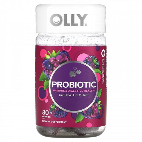 OLLY, Пробиотик, ежевика, 1 млрд живых культур, 80 жевательных таблеток