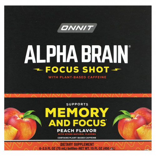 Onnit, Alpha Brain Focus Shot, персик, 6 флаконов по 75 мл (2,5 жидк. Унции)
