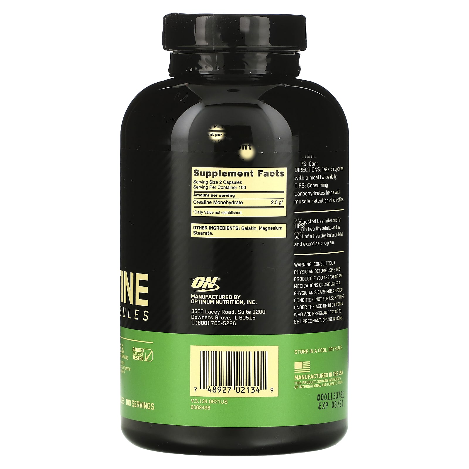 Optimum Nutrition, микронизированный креатин в капсулах, 1,25 г, 200 капсул