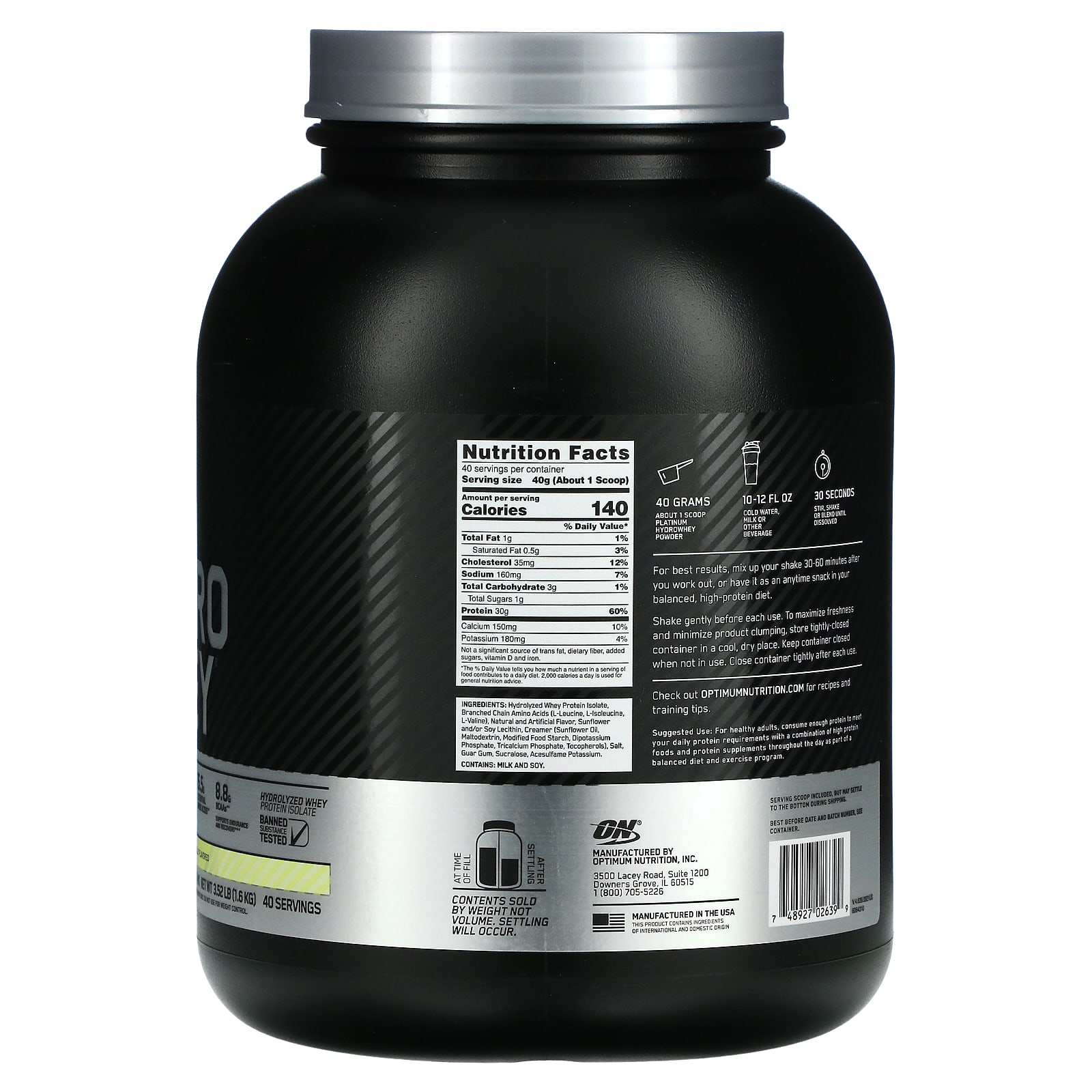 Optimum Nutrition, Platinum Hydro Whey, Velocity Vanilla, 1,6 кг (3,52 фунта)