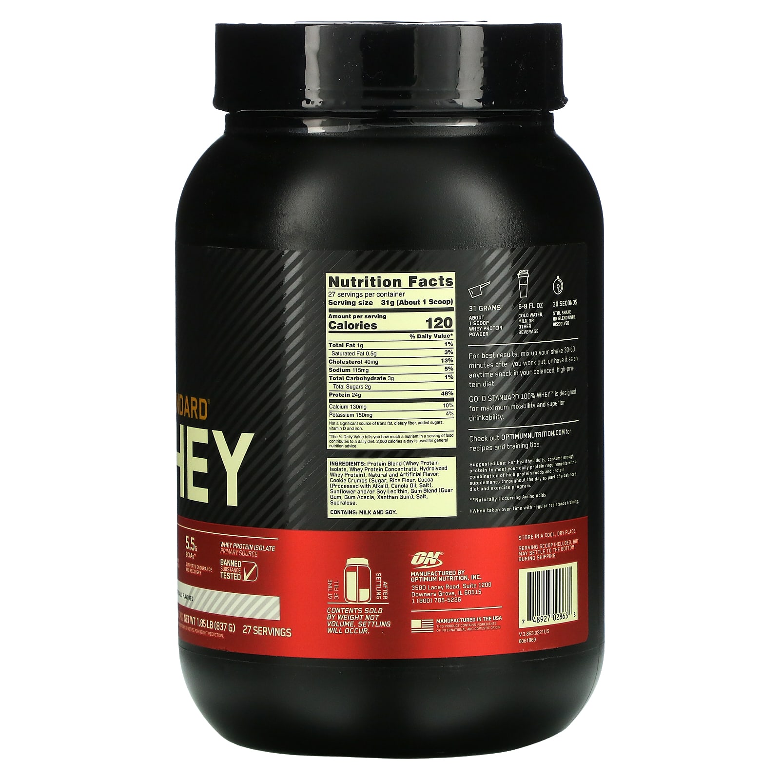 Optimum Nutrition, Gold Standard 100% Whey, сыворотка со вкусом печенья и сливок, 837 г (1,84 фунта)