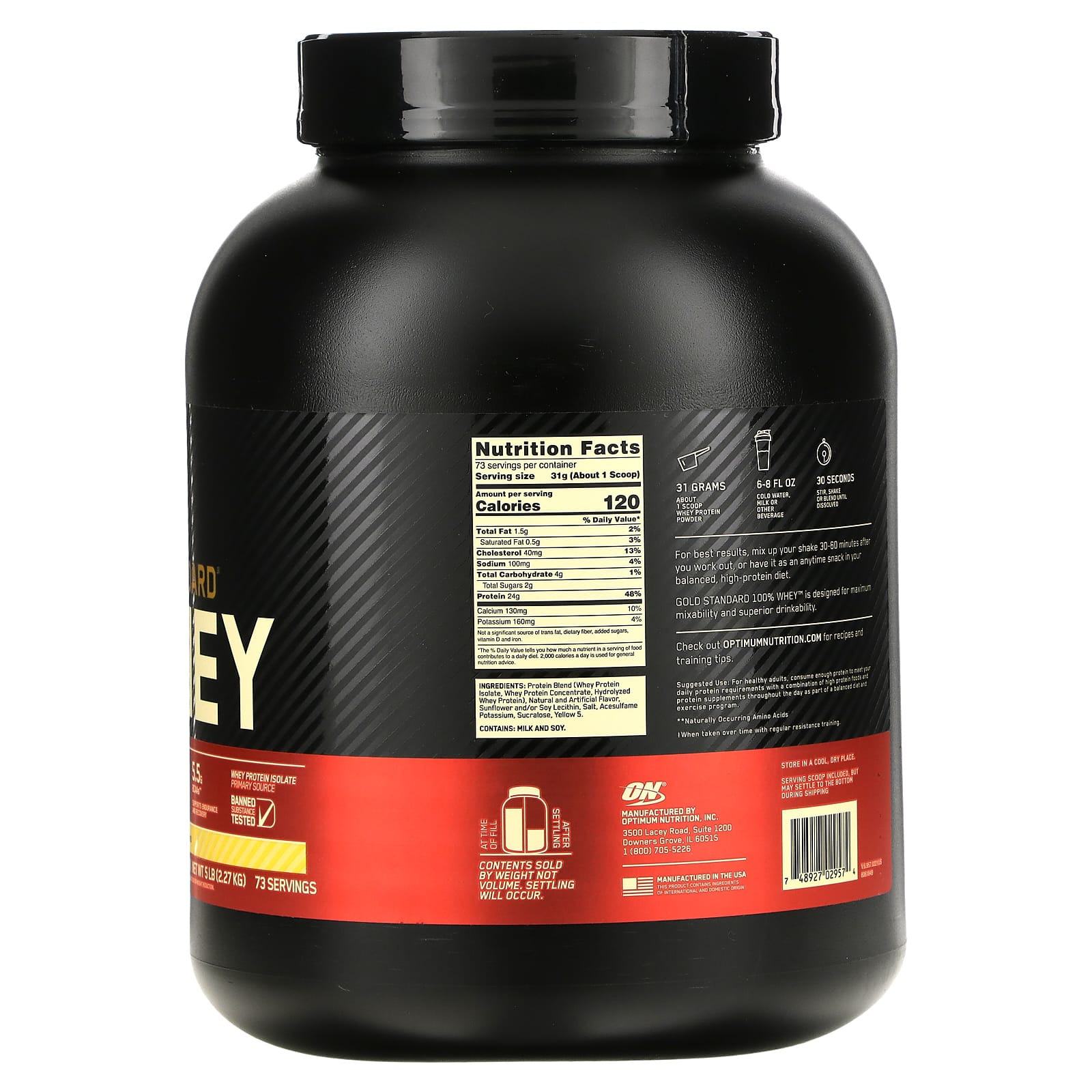 Optimum Nutrition, 100% Whey Gold Standard, со вкусом банана, 5 фунтов (2,27 кг)