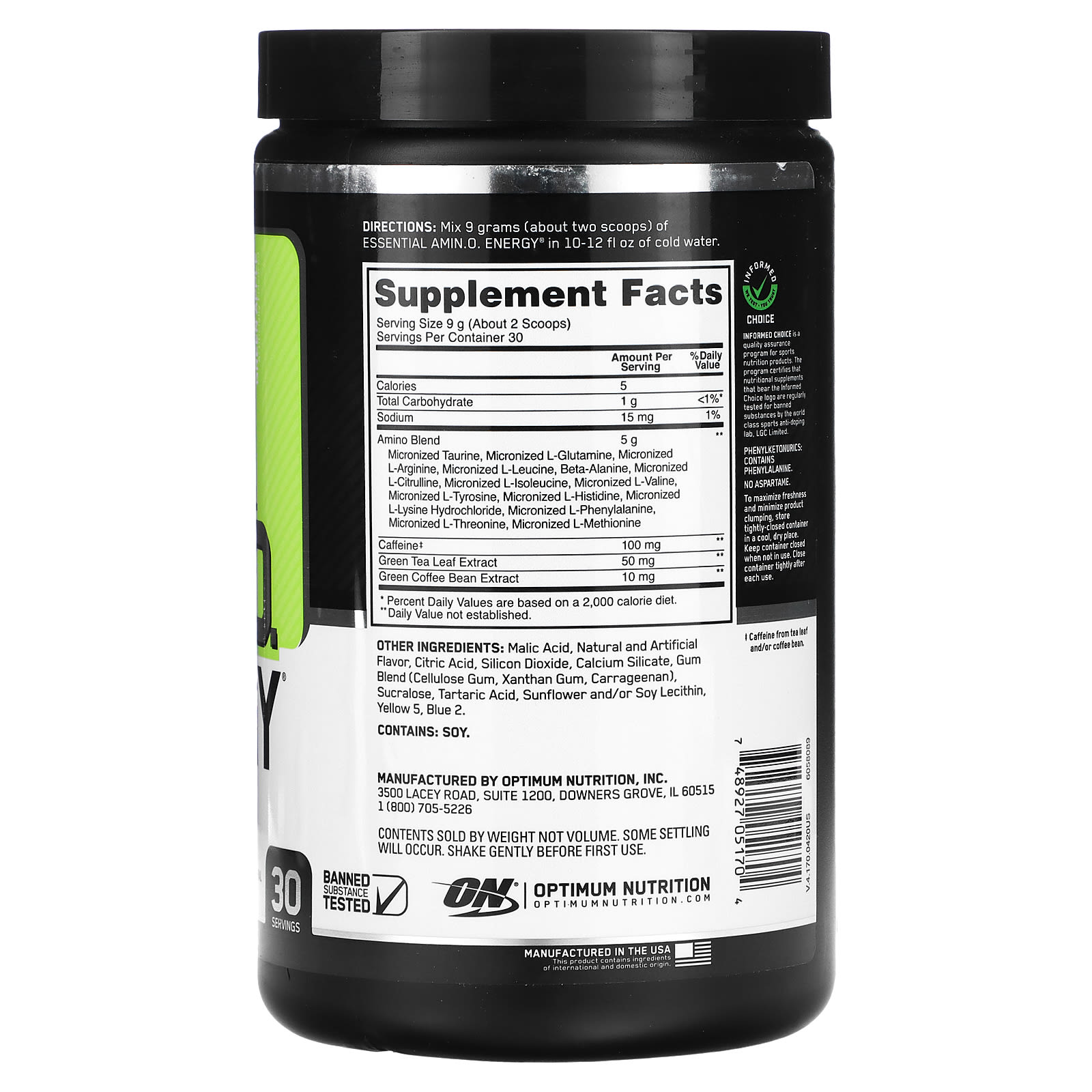 Optimum Nutrition, ESSENTIAL AMIN.O. ENERGY, зеленое яблоко, 270 г (9,5 унции)