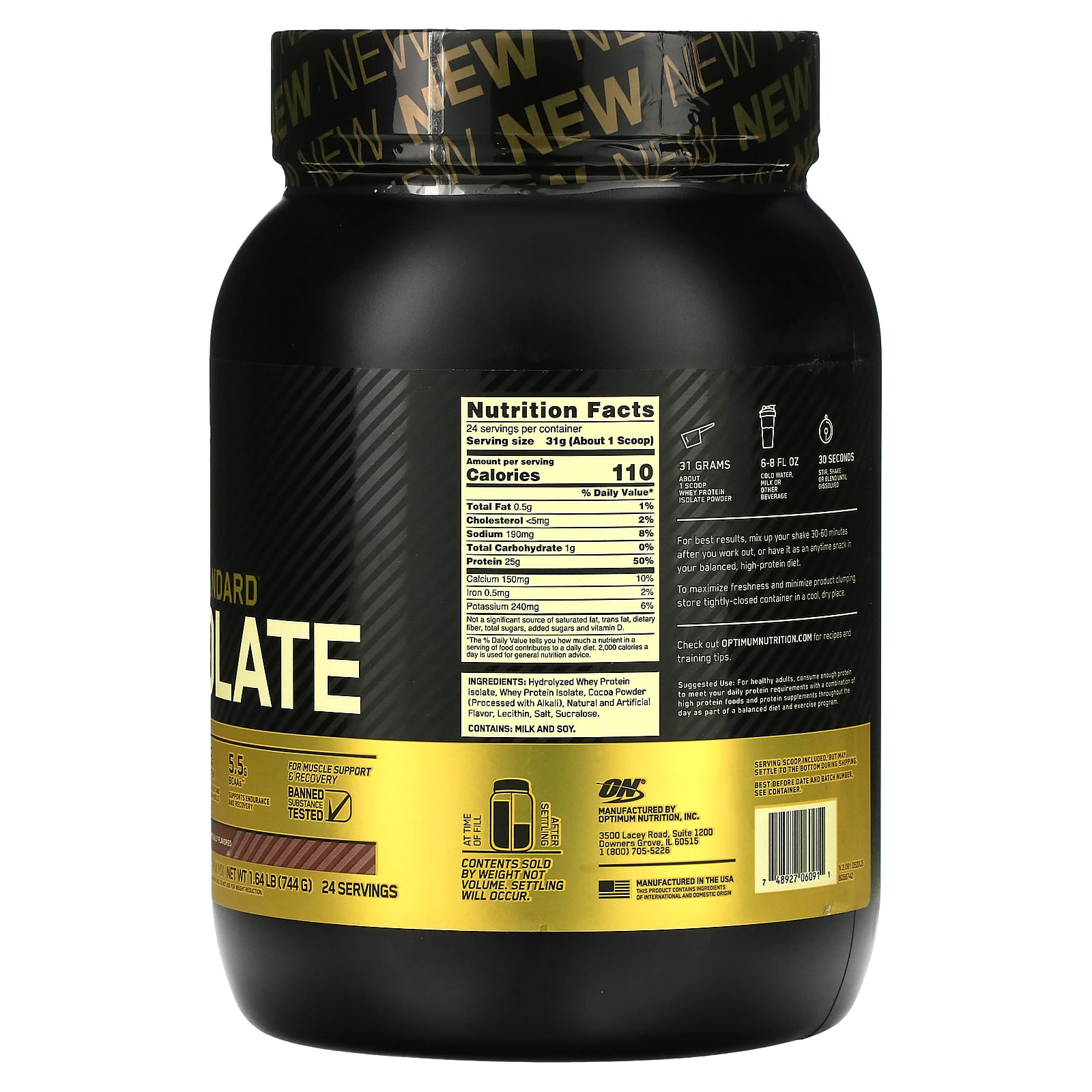 Optimum Nutrition, Gold Standard 100% Isolate, изолят, шоколадный вкус, 744 г (1,64 фунта)