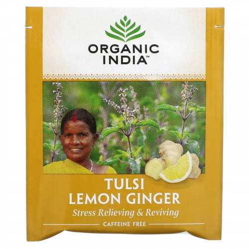 Organic India, чай с тулси, лимоном и имбирем, без кофеина, 18 пакетиков, 36 г (1,27 унции)