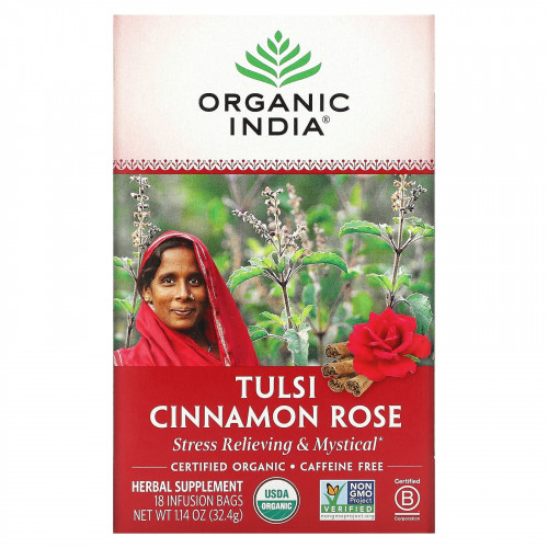 Organic India, Tulsi Tea, роза с корицей, без кофеина, 18 пакетиков для заваривания, 32,4 г (1,14 унции)