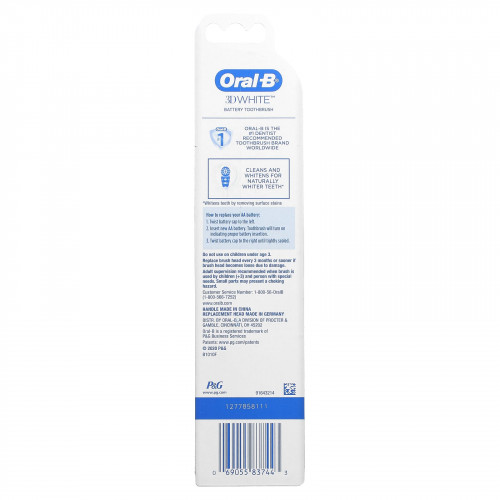 Oral-B, 3D White, зубная щетка на батарейках, 1 шт.