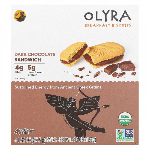 Olyra, печенье для завтрака, сэндвич с темным шоколадом, 4 упаковки по 37,5 г (1,32 унции)