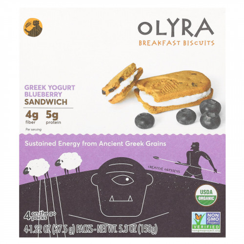 Olyra, печенье для завтрака, сэндвич с голубикой и греческим йогуртом, 4 упаковки по 37,5 г (1,32 унции)