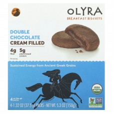 Olyra, печенье для завтрака, с кремовой начинкой, двойной шоколад, 4 упаковки по 37,5 г (1,32 унции)