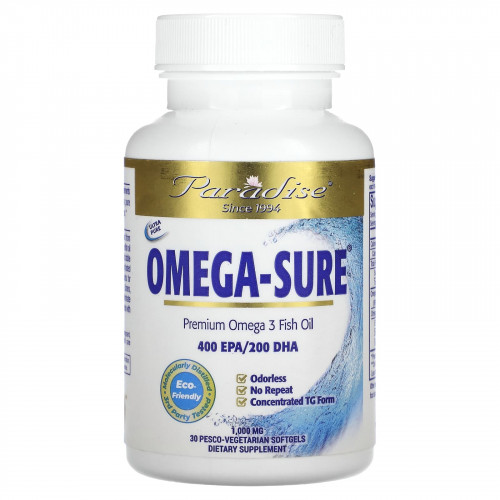 Paradise Herbs, Omega Sure, концентрат омега-3, 1000 мг, 30 капсул в растительной оболочке Pesco