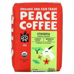 Peace Coffee, органическая Эфиопия, легкая обжарка, цельные бобы, 340 г (12 унций)