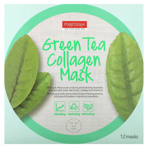 Purederm, Коллагеновая маска с зеленым чаем, 12 шт., 18 г (0,63 унции)