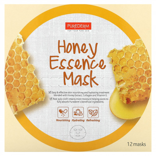 Purederm, Essence Beauty Mask, мед, 12 шт., 18 г (0,63 унции)