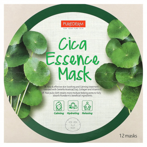 Purederm, Cica Essence Beauty Mask, 12 шт., 18 г (0,63 унции)