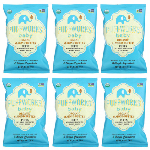 Puffworks, Baby, слойки с органическим миндальным маслом, 6 пакетиков по 14 г (0,5 унции)